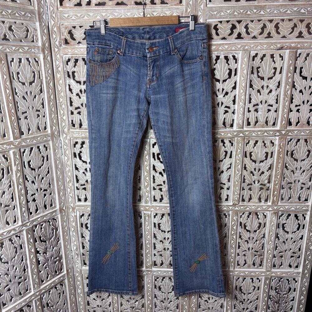 Seven7 Med Wash Bootcut Jeans Women Sz 31 Y2K Low Rise W/Added Embellishments
